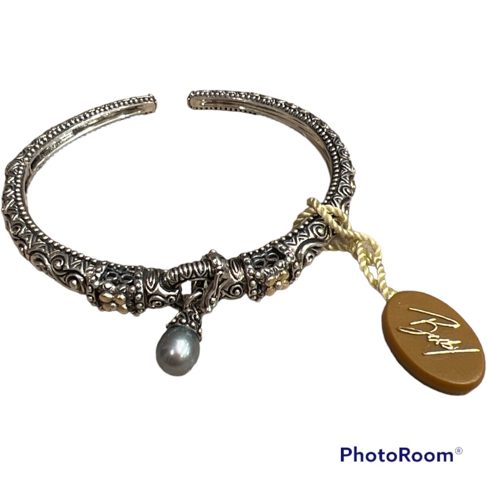 🤩Barbara Bixby cuff bracelet sterling silver 18K gold gray pearl charm NEW!
